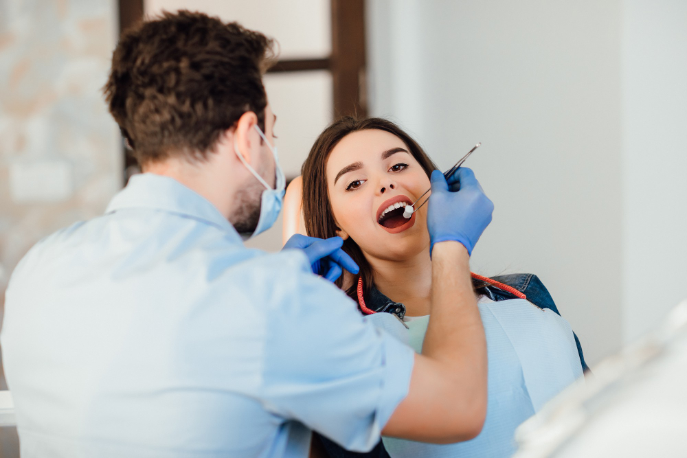 Dentist Making Professional Teeth Cleaning Withb Cotton Female Young Patient Dental Office